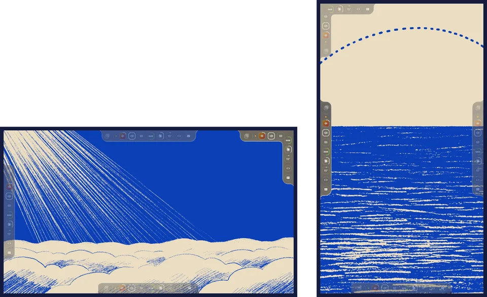 The notch in the top right corner of a wide screen and on the left edge of a tall one, its other places faint: corners, edges, top and bottom.